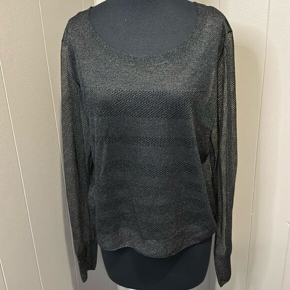 Lorna Jane black sparkle open weave stripes & sleeves lightweight sweater. - Picture 2 of 9